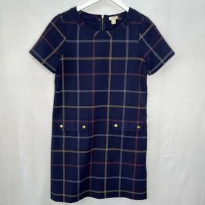 J. Crew Plaid Shift Dress w/ Pockets Short Sleeve Size 2 Navy Multicolor School